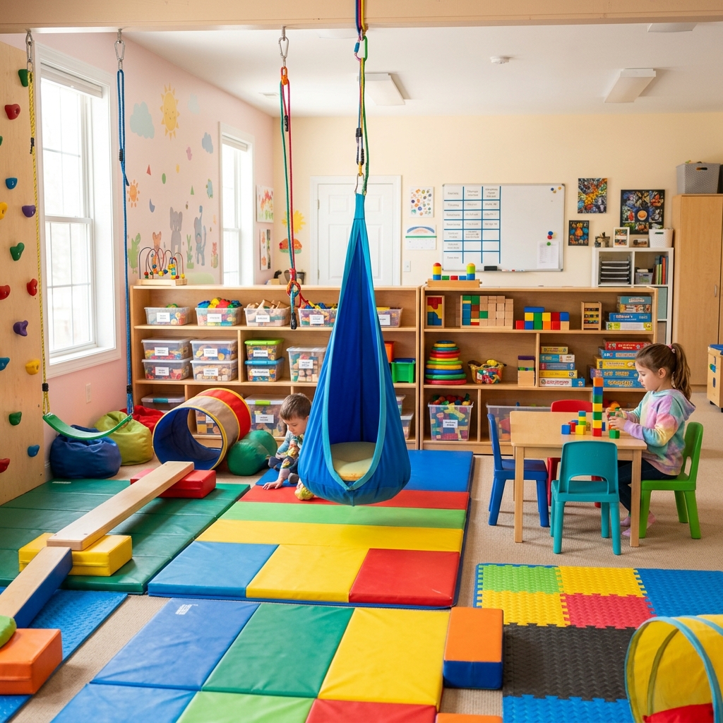 Sala de atendimento confortável e acolhedora para crianças e famílias